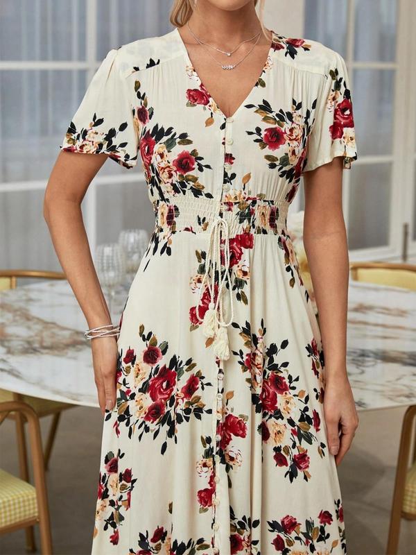 Floral Print Tie Button Front A Line Long Dress, Chic Sun Dress, Frenchy Dress in Club, Dresses, Boho V Neck Long Milkmaid Dress, Homecoming Dresses, Shortsleeve Dresses for Women, Boho Clothes Women 2