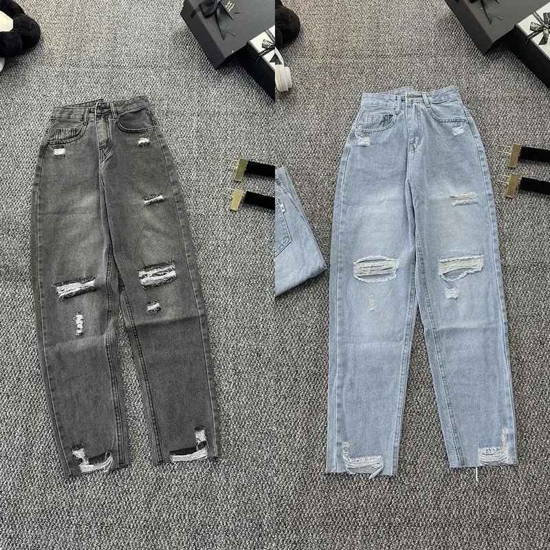 quần baggy nữ rách gối hai kiểu màu xanh và xám chât liệu cao cấp  kiểu dáng thời thượng Jean Pants Denim Có Túi Lưng Cao Khuy 0