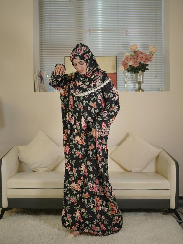 Women's Floral Print Contrast Lace Hooded Tunic Dress, Modest Outfits, Elegant Long Sleeve Long Muslim Womens Clothing for Daily Wear, Ladies Clothes for All Seasons 5
