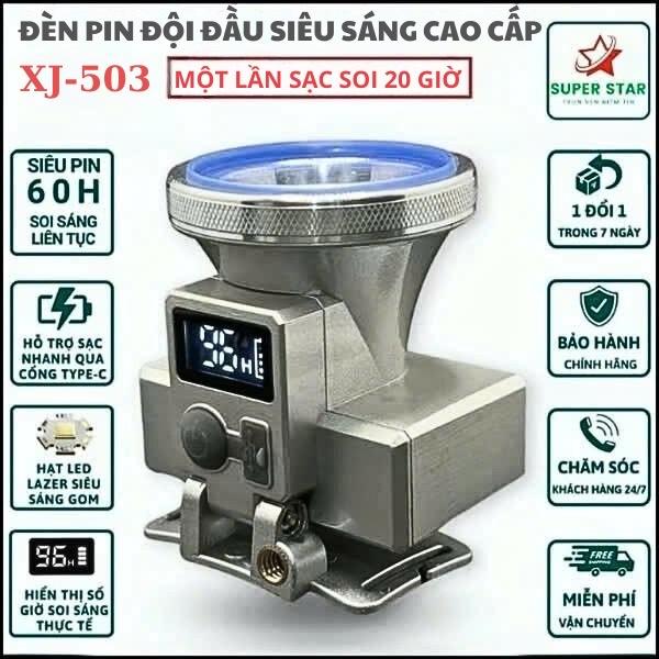 ￼Đèn pin đội đầu siêu sáng XJ-503 sáng 20 giờ liên tục trên 1 lần sạc Đèn đội đầu siêu sáng pin trâu