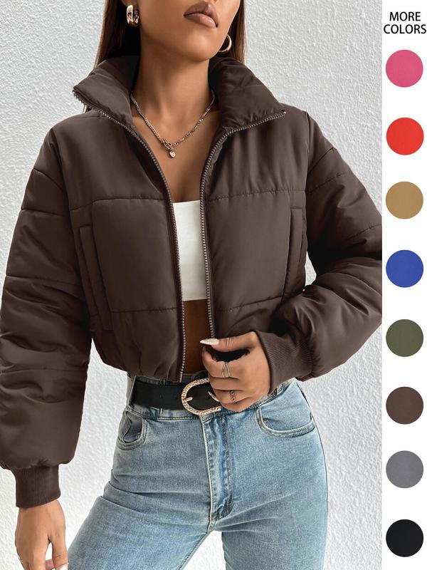 Women's Solid Zip Up Drop Shoulder Stand Collar Crop Puffer Jacket without Top, Coats for Women, Fashion Casual Mock Neck Zipper Short Coat, for Spring Fall Winter, Feminine Tops, Womens Tops 3