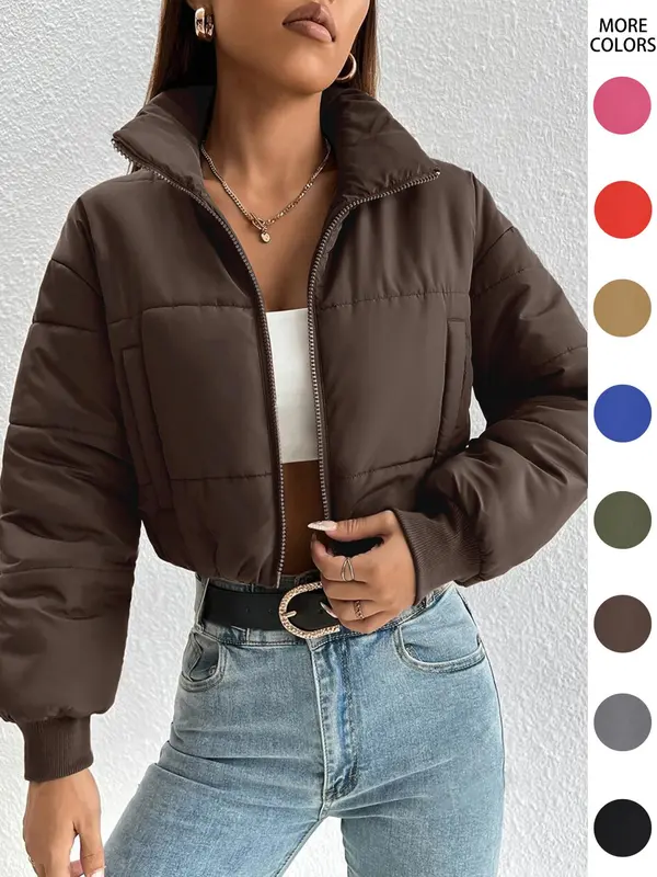 Women's Solid Zip Up Drop Shoulder Stand Collar Crop Puffer Jacket without Top, Coats for Women, Fashion Casual Mock Neck Zipper Short Coat, for Spring Fall Winter, Feminine Tops, Womens Tops 3