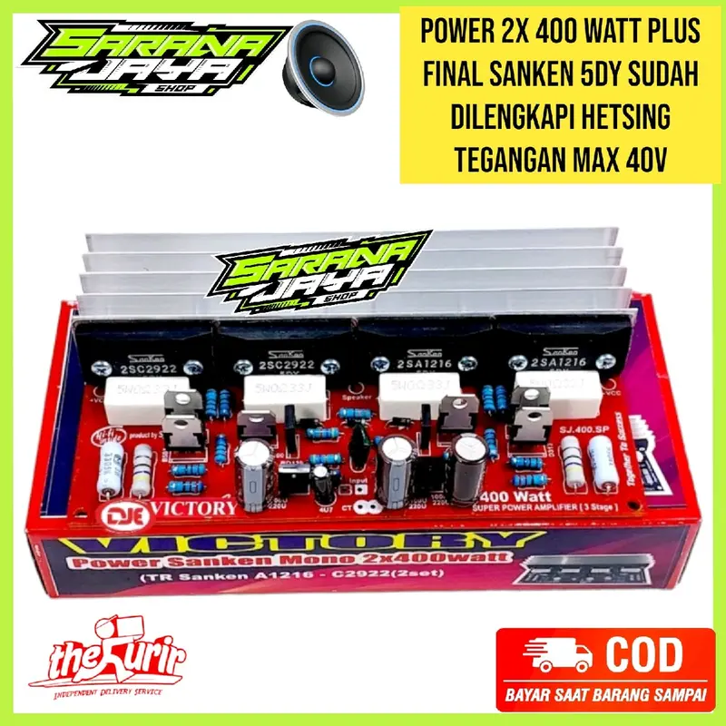 power 2x 400 watt plus final sanken 5dy sudah dilengkapi hetsing  tegangan max 40v Amplifier 1