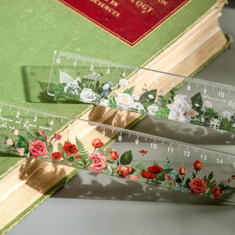 Multi-function 15cm Ruler Student Gift Plastic Straightedge Retro Flowers Pattern Stationery Drawing Tools School Office Supplies 4