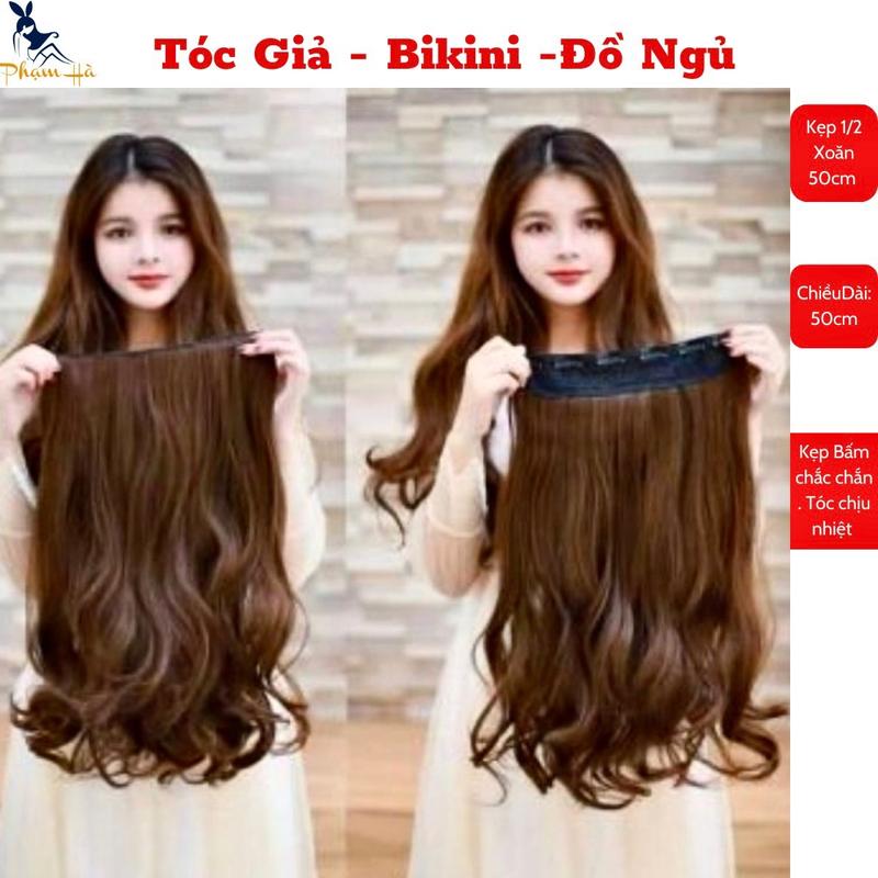 { GIẢM 70k } Tóc Kẹp 1/2 xoăn đuôi 50cm , Kẹp Phím Phồng Nữa đầu Tóc Giả Phạm Hà Women Wig