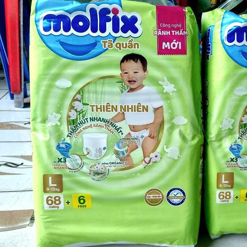Tã Bỉm Quần Molfix Thiên Nhiên Siêu Đại Size L68+6 cho bé (9-14kg)