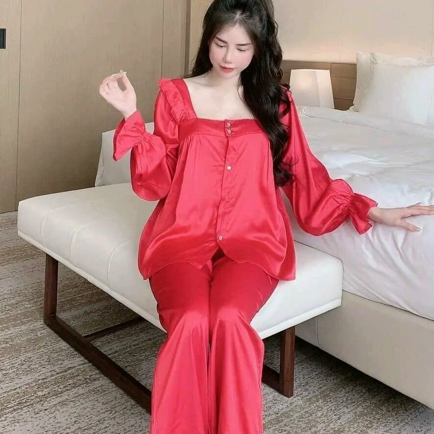 Đồ bộ pyzama bèo cổ vuông tiểu thư [vải Kate] màu đỏ Nữ