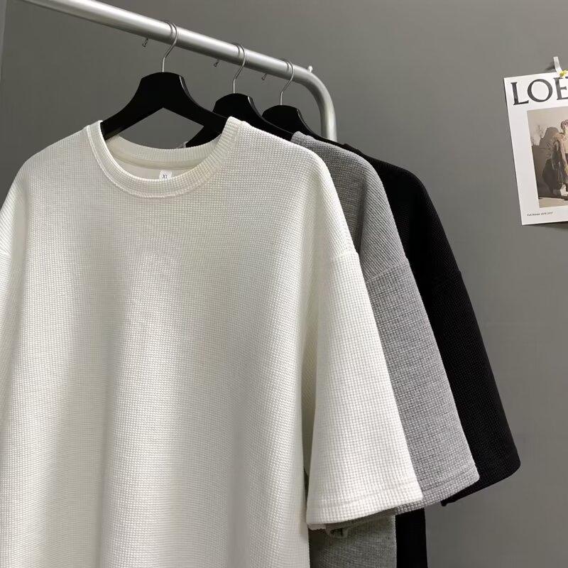 Product Introduction of M-8XL Korean Basic Waffle Oversize Top Men Casual Loose Plain Short Sleeve Plus Size T Shirt 6