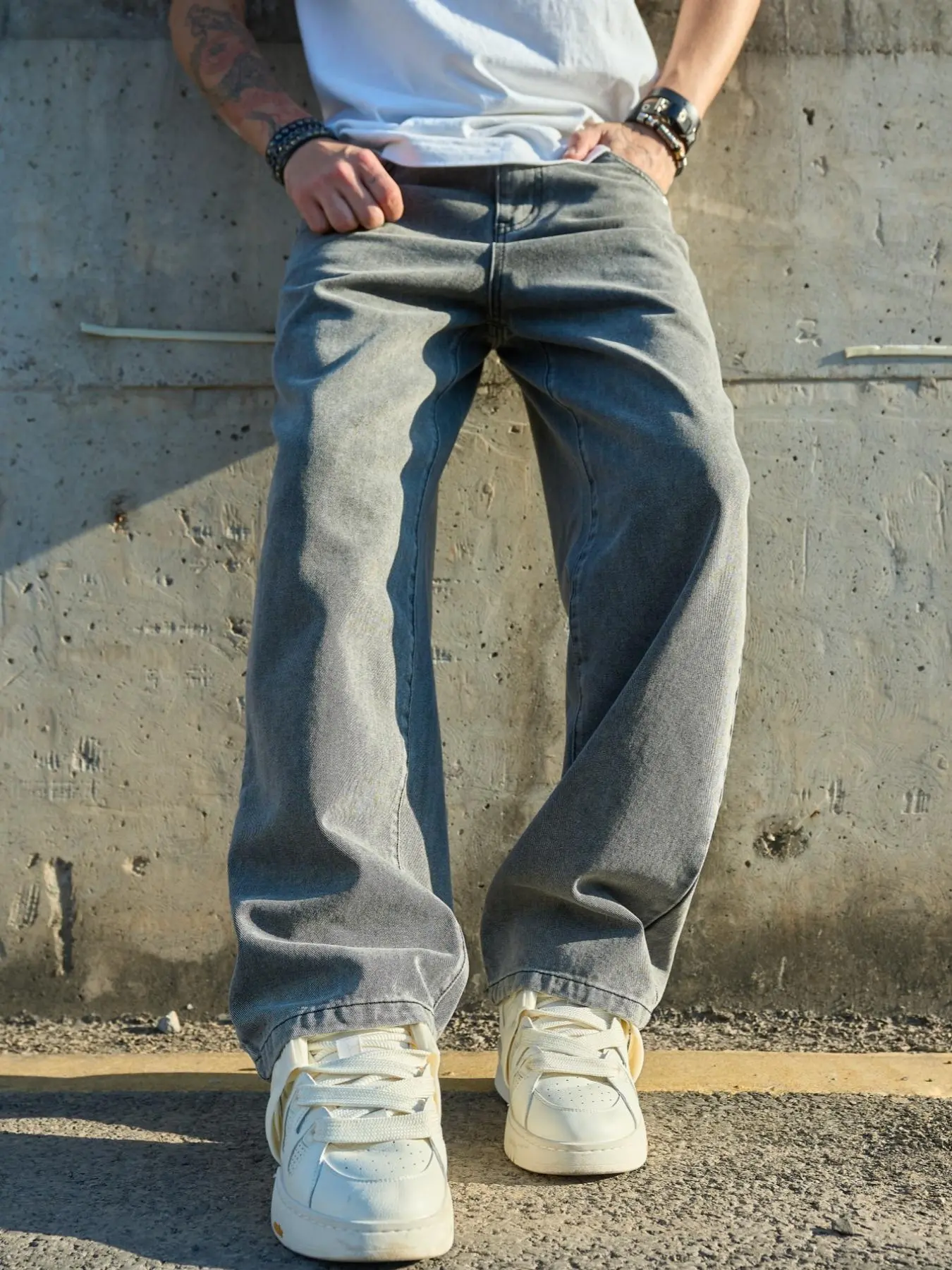 Men's Solid Color Wide Leg Jeans, Loose Casual Comfy Denim Pants for Spring & Fall, Fashion Men's Bottoms for Daily Wear, Cotton
