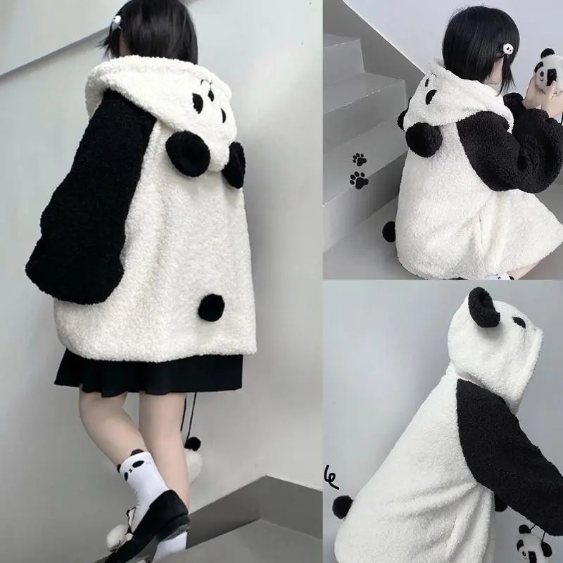 Áo Khoác Lông Cừu Cho Nữ, Dễ Thương, Có Tai Gấu Trúc, áo khoác lông gấu trúc ấm áp, YAN BOO