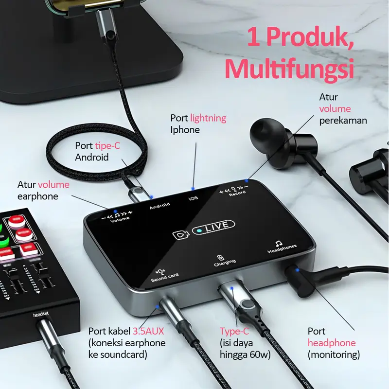 Bonkyo Live Streaming Dock Audio Live Stream Converter 2 in 1 Lightning Type C for Android / Iphone 4