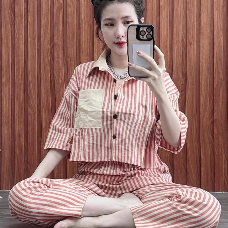 Bộ lening Bột Sọc chất xin khôg giản tay lỡ quần baggy dài