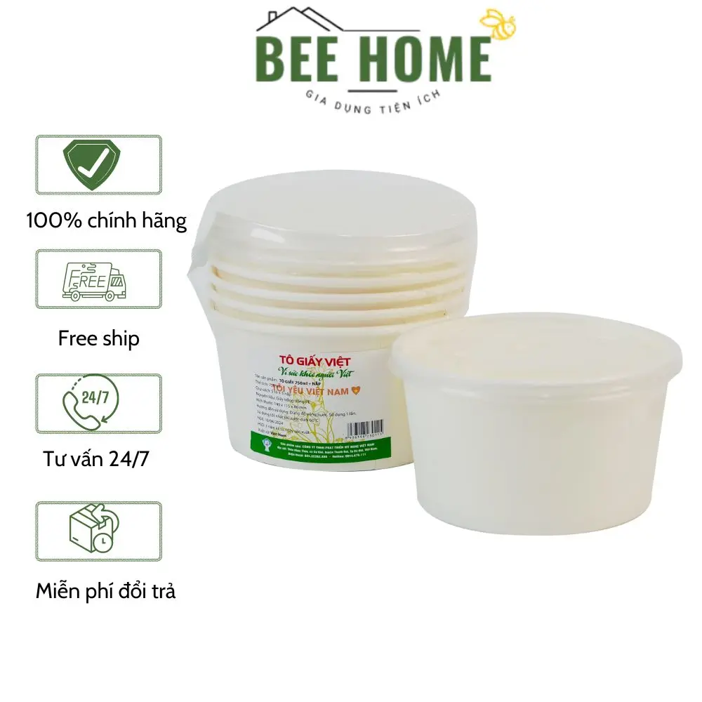 Tô giấy dùng 1 lần bát giấy dùng 1 lần đựng cháo, phở, bún kèm nắp tiện dụng BEE HOME MN-6569