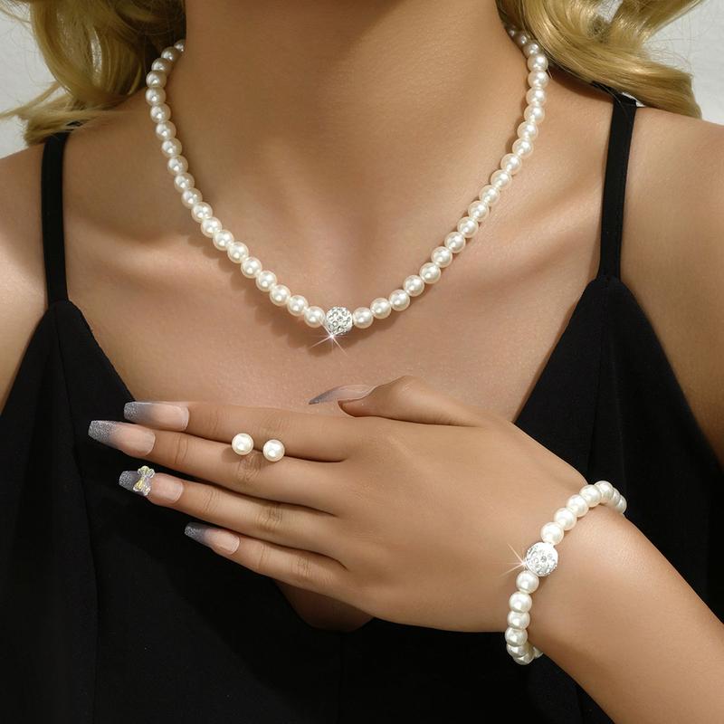 3 Keping / Set Set Barang Kemas Wanita Anting-Anting Kalung Gelang Mutiara Tiruan Panjang Boleh Laras Hiasan Berlian Buatan Digilap Pesta Prom Pesta Perkahwinan Barang Kemas Pengantin 7