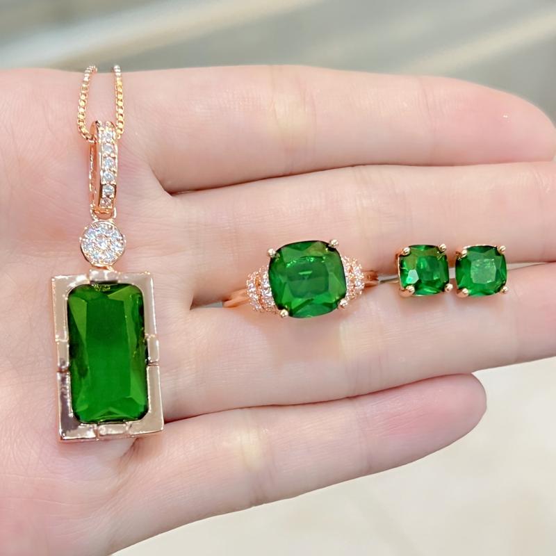 Product Introduction of Rose Gold Plated Emerald Diamond Earrings Ring Pendant Necklace Jewelry Set Exquisite Green Diamond Jewelry cincin perak ring silver silver diamond cincin perak lelaki 18