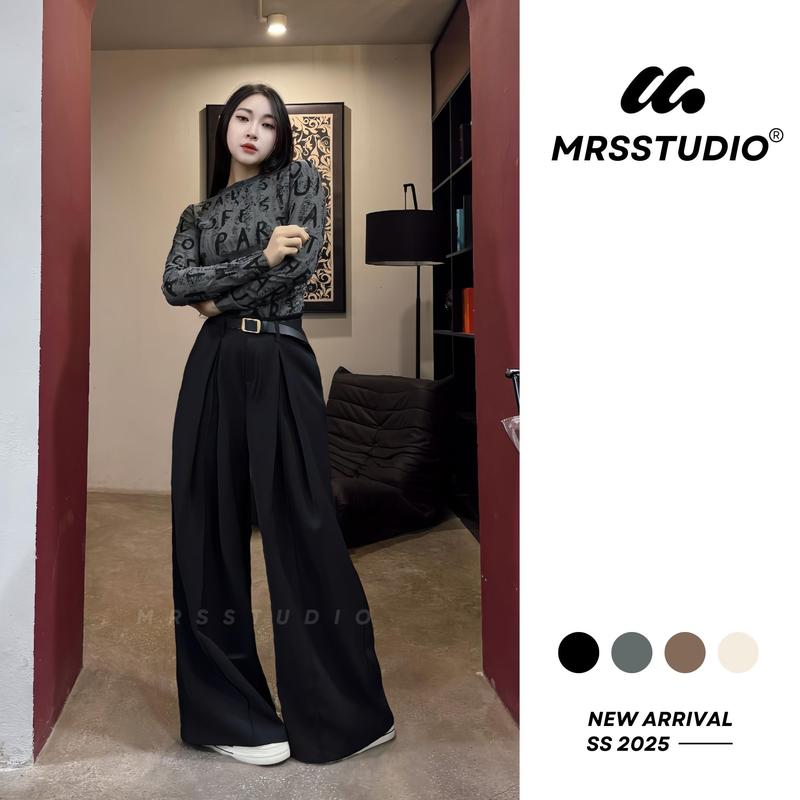 MRSSTUIDO - Quần ống rộng nữ tôn dáng, chất mềm min, không nhăn, dài 105cm phiên bản nâng cấp 2025 MRQ141G