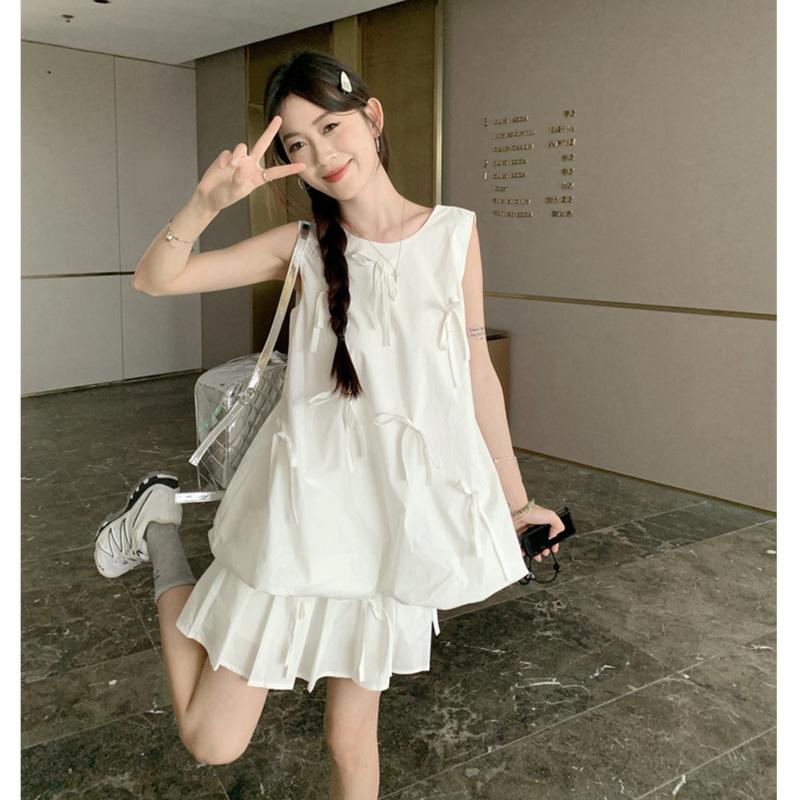 Set Áo kiểu nữ kèm chân váy tennis chất thô mềm dáng bí ngô đính nơ cách điệu tiểu thư mùa hè Hàn Quốc KOZODA S120 Women Kem