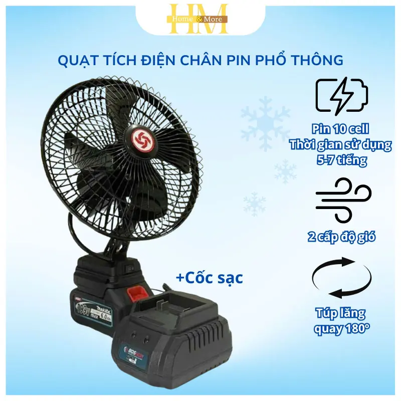 Quạt Tích Điện Để Bàn, 2 Chế Độ Gió, Quạt Sạc Tích Điện Sử Dụng Chân Pin Phổ Thông 10cell Xoay Linh Hoạt 180 Độ, Nguyên Bộ Quạt+Pin+Sạc