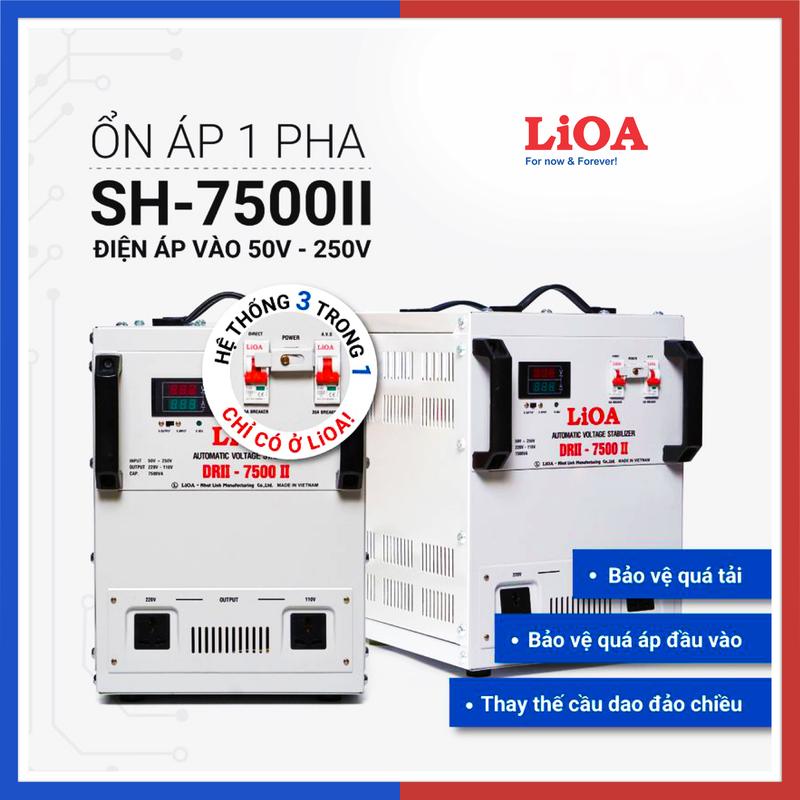 Ổn áp LiOA 7.5KVA SH-7500II dải 150V chính hãng Nhật Linh 7500VA 7500W dây đồng thế hệ mới đồng hồ led 4