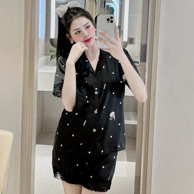 Bộ Lụa Latin Mịn Mềm Tay Ngắn Quần Đùi Cúc Đính Đá Phối Ren Mềm Mịn Đẹp Nhiều Hình Quả Đào Nơ Nhí Hoa Nhí Cho Nữ Mặc Nhà Quần Ngủ Áo Ngủ Women Nho 2