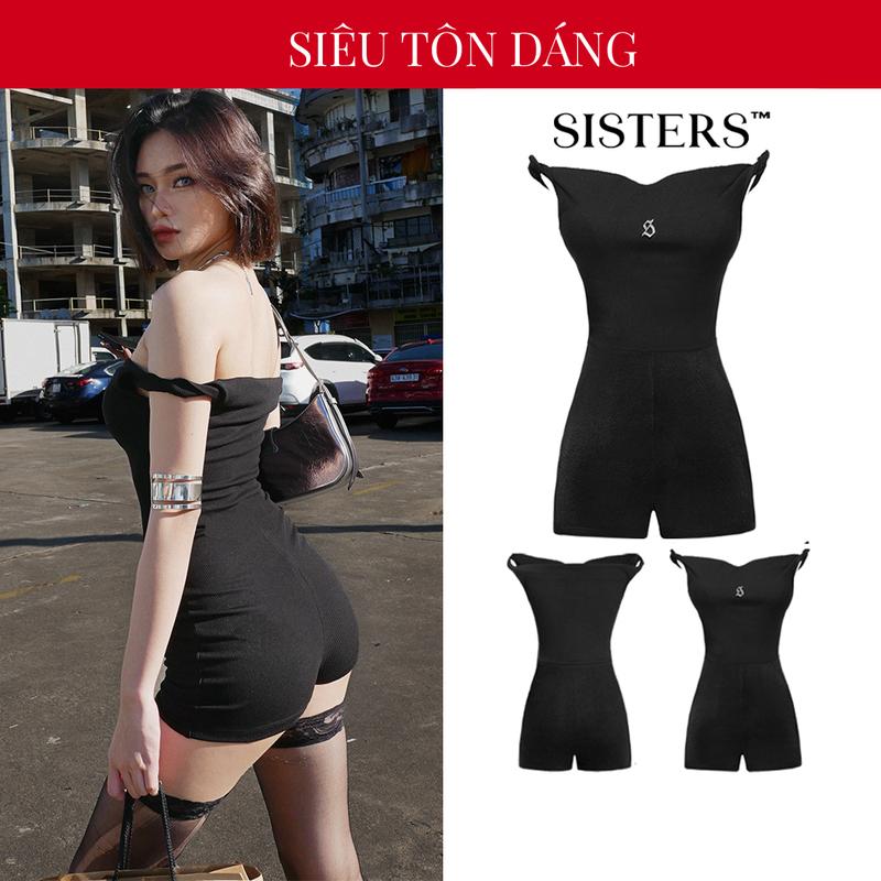 Jum nữ ngắn trễ vai SISTERS màu đen thun gân ôm body quyến rũ Cleme Jumpsuit | SS2-J13