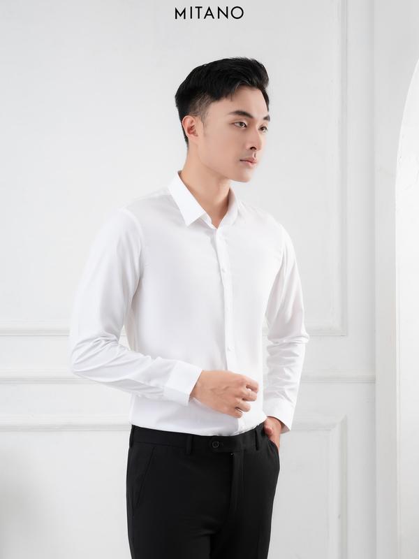 Áo sơ mi trắng dài tay Mitano, slimfit, tà lượn, không túi ngực, sợi modal.