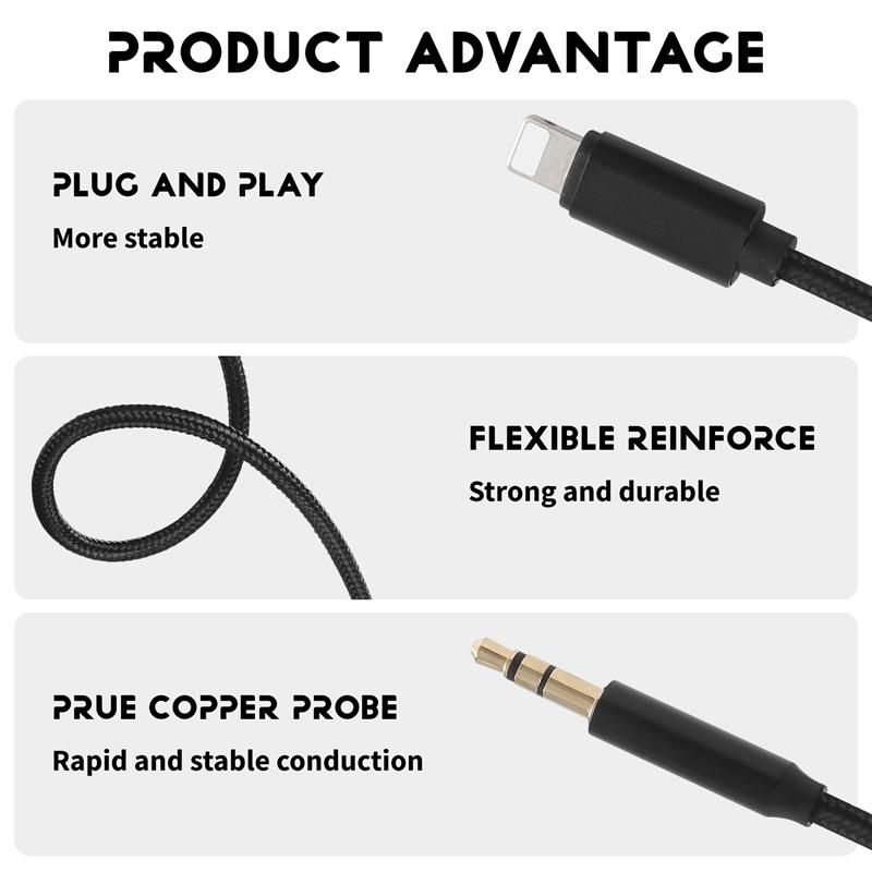 Cáp AUX cho ô tô, Cáp âm thanh cho iPhone, Cáp Aux sang 3,5 mm, Âm thanh cao cấp, Tương thích với iPhone 13 Pro-8 Plus, Âm thanh nổi trên ô tô 3