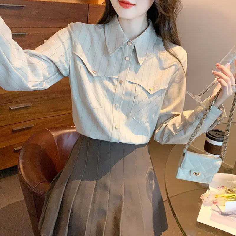 Áo Sơ Mi Sọc, Phong Cách Cổ Điển Dành Cho Nữ, Quần Áo Mùa Thu, Thiết Kế Áo Sơ Mi Cổ Polo Phong Cách Pháp, Tay Áo Dài, Phong Cách Phương Tây, Cỡ Nhỏ 2024 Hàng Mới Về Women Top