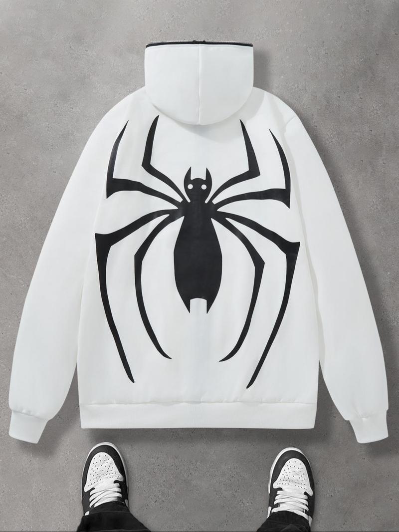 Product Introduction of Men's Cartoon Spider & Letter Print Zip Up Hoodie, Regular Fit Casual Street Long Sleeve Hooded Sweatshirt for Daily Wear, Men's Clothes for All Seasons 10