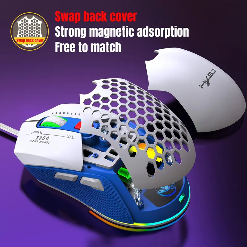 Wired Mouse, RGB Backlight Hollowed Out Gaming Mouse with Replaceable Back Cover, Lightweight Mouse for Home & Office 5