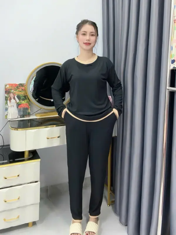 Đồ bộ nữ mặc nhà Quần dáng BAGGY Áo Tay dài form rộng -Mẹ Bầu 7 tháng đổ lại bon chen thoải mái nhé Chất Thun gân tăm nhuyễn Co Giản 4