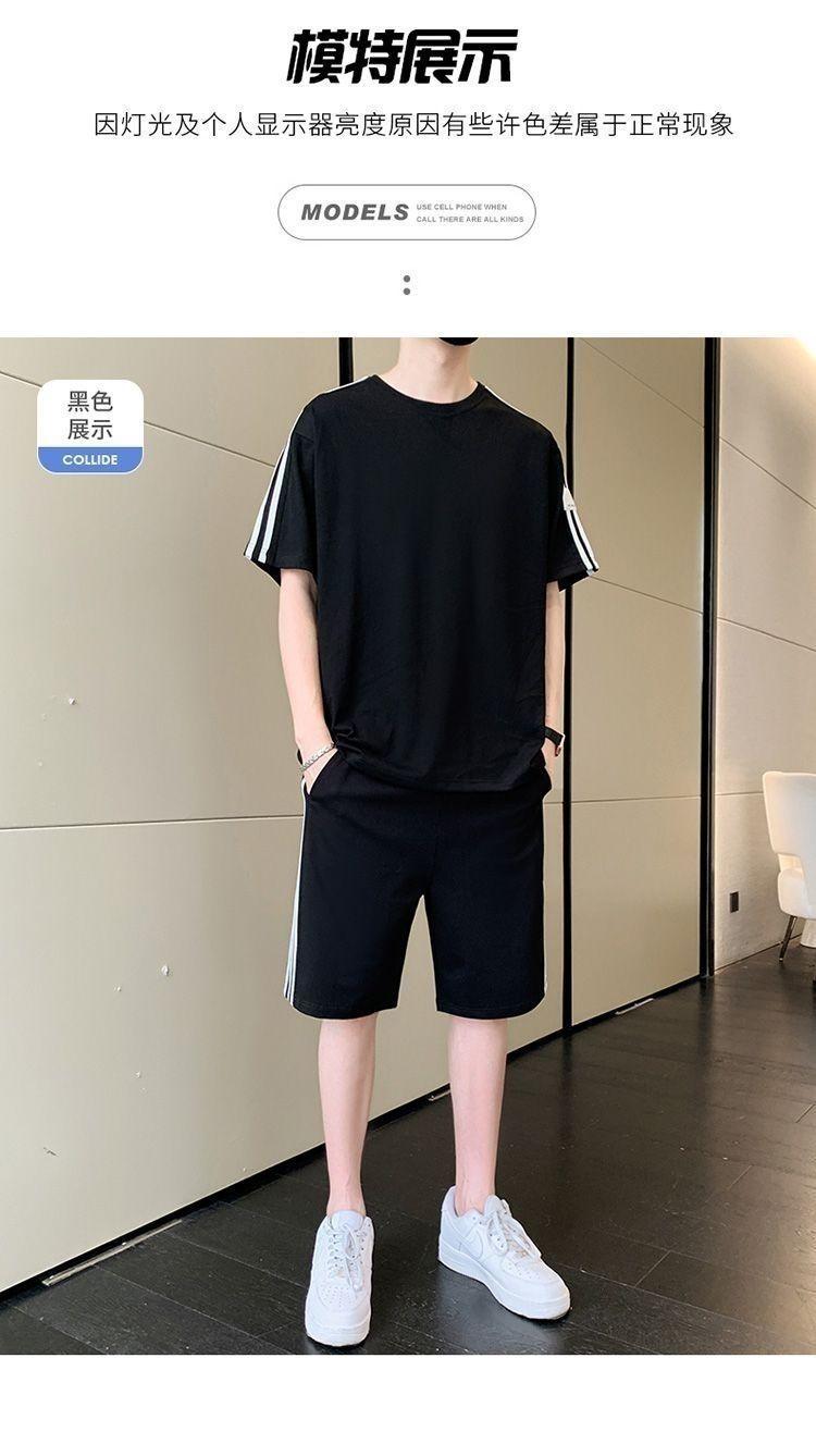 Product Introduction of Summer Men's Fashion Set Trendy Full Set Casual Loose Stylish Shorts Set One Complete Set with Three Stripes Sports 6