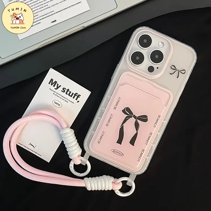 Casing Tempat Kartu Dompet Simpul Pita Hitam Lucu Kompatibel Untuk IPhone 11 13 15 12 14 Pro Max XR X XS Max 7 8 15 Plus 7Plus SE 2022 Fashion Kreatif Mewah Penutup Lembut 5