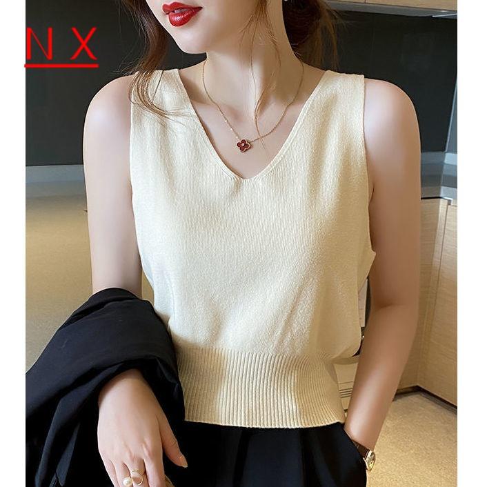 Áo Thun Không Tay Mỏng Cho Nữ, Áo Mùa Hè, Lụa Băng, Cổ Chữ V, Phong Cách Hàn Quốc áo hai dây nữ Top 5