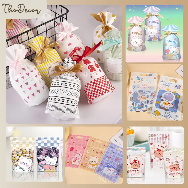 Túi đựng quà kèm nơ rút/ túi zip, túi tai thỏ chia kẹo, bánh siêu dễ thương THODECOR - Chất liệu Nilon, Nhiều màu, mẫu mã đa dạng 1