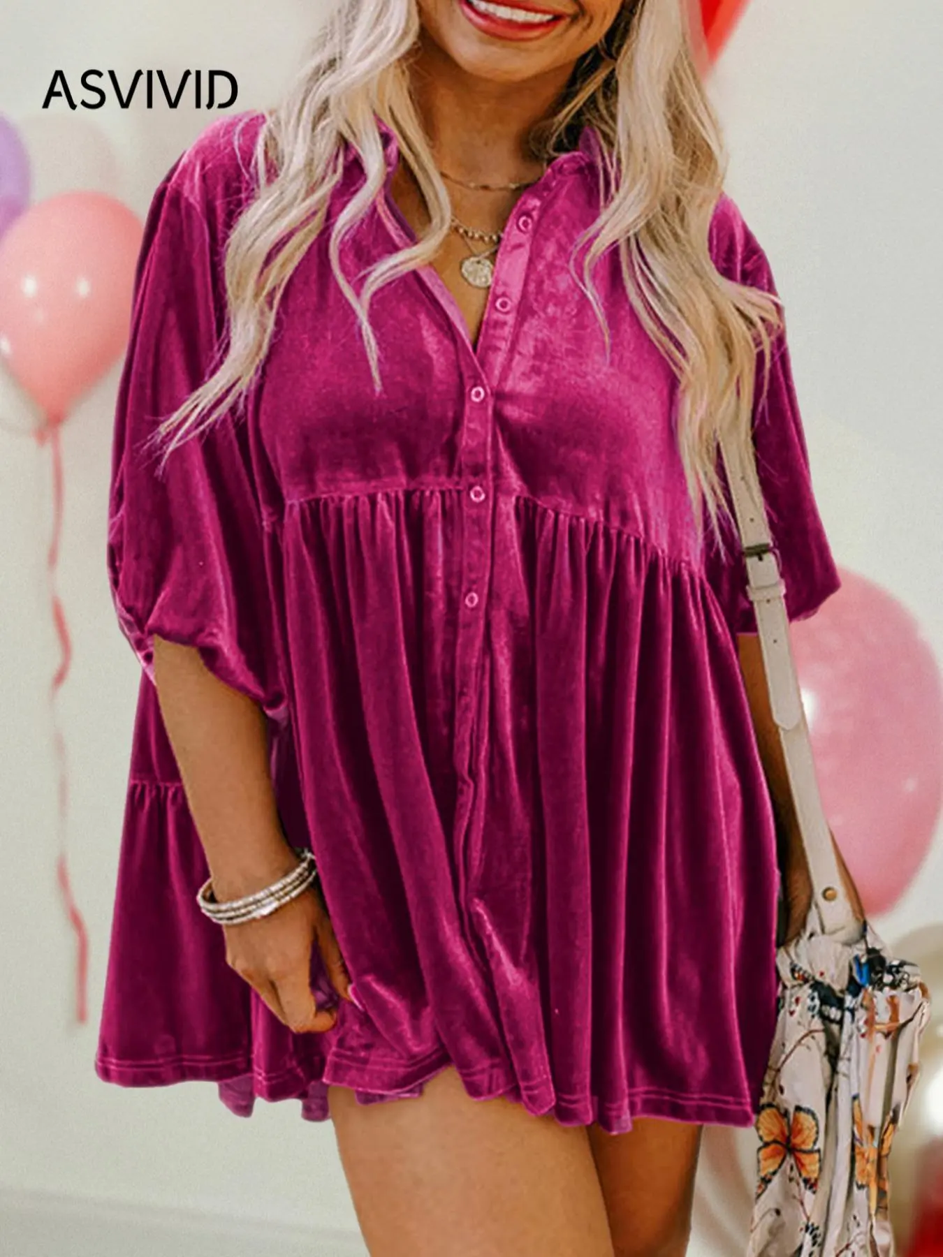 【Plus Size】 Solid Button Front Batwing Sleeve Velvet Shirt, Casual Half Sleeve Collared Shirt Top for Fall & Winter, Women's Clothes for Daily Wear Valentine's Day, gift