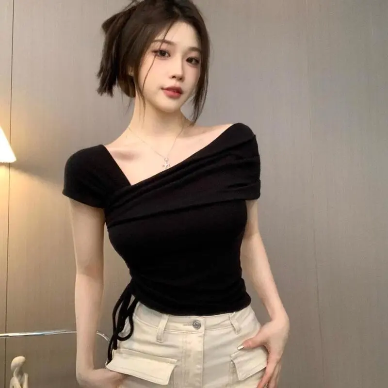Áo Thun Dây Rút Bất Đối Xứng, Phong Cách Thường Ngày Dành Cho Nữ, Thiết Kế Trơn Top Women Sơ Mi Shirt Cổ Tròn baby  tee 0