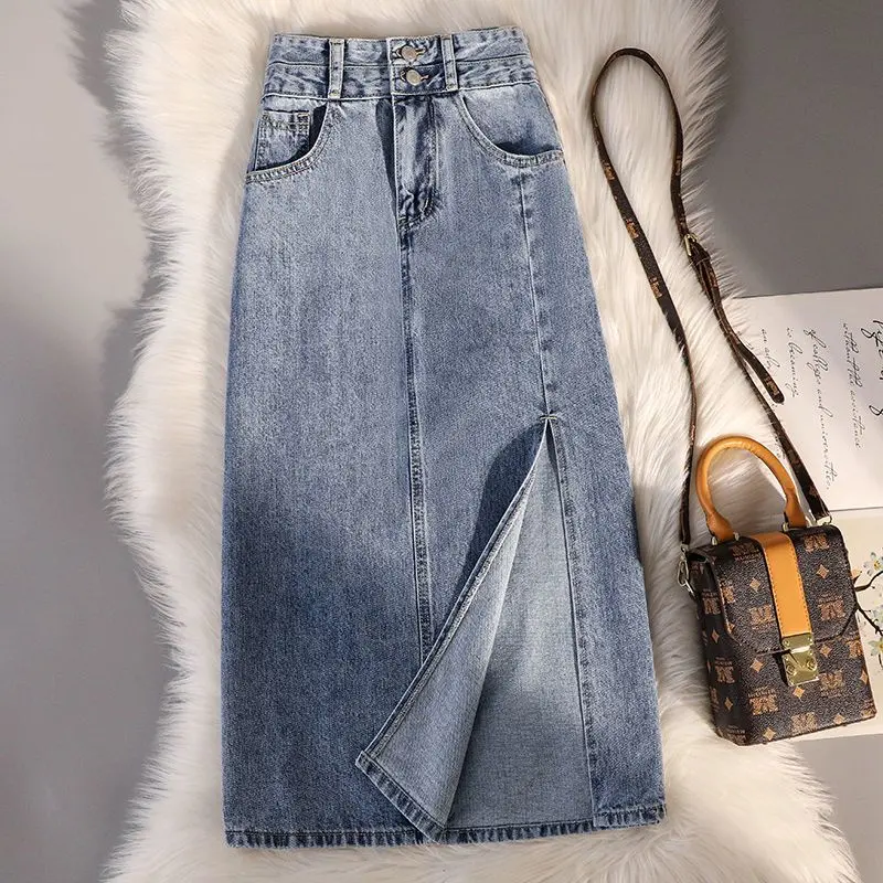 Chân Váy Denim Xẻ Tà, Thiết Kế Dài Trung Bình Dành Cho Nữ, Dễ Phối Đồ Cạp Cao, Dáng Ôm, Chân Váy Bó Chữ A, Hàng Mới Về Năm 2024