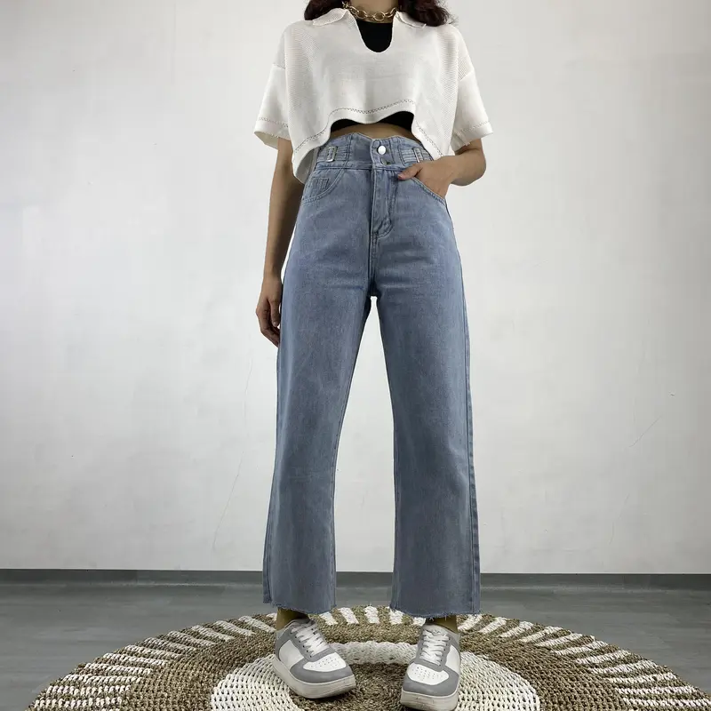 Celana Panjang Jeans Loose Hight Waist Model Denim Model Unfinished Cut HW Korean Style DFS P547 0