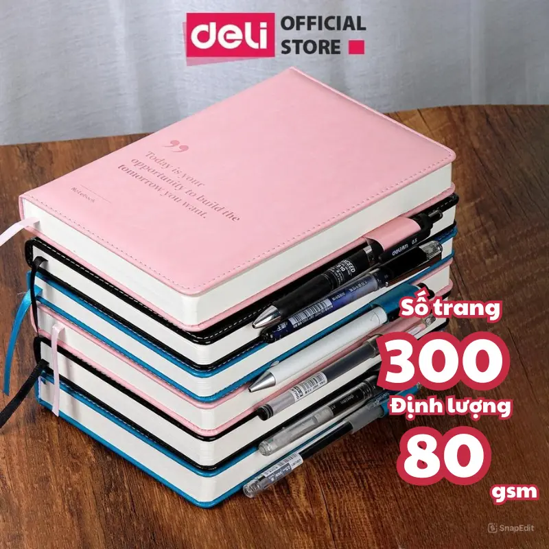 Sổ tay ghi chép A5 Bìa Da dày Deli - Màu Đen/Hồng/Xanh, 300 trang, 80gsm, Chống nước dành cho Học Sinh, Văn Phòng 0