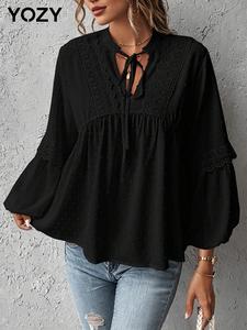 YOZY Women's Plain Contrast Lace Swiss Dot Tie Neck Blouse, Casual Bishop Sleeve Top for Daily Wear, Ladies Clothes for All Seasons