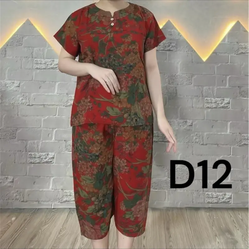 70-80kg Bộ lụa trung niên sz to béo tay cộc quần lửng, lụa,có hoa,mùa hè,áo nữ,nhiều màu Women Sen 3