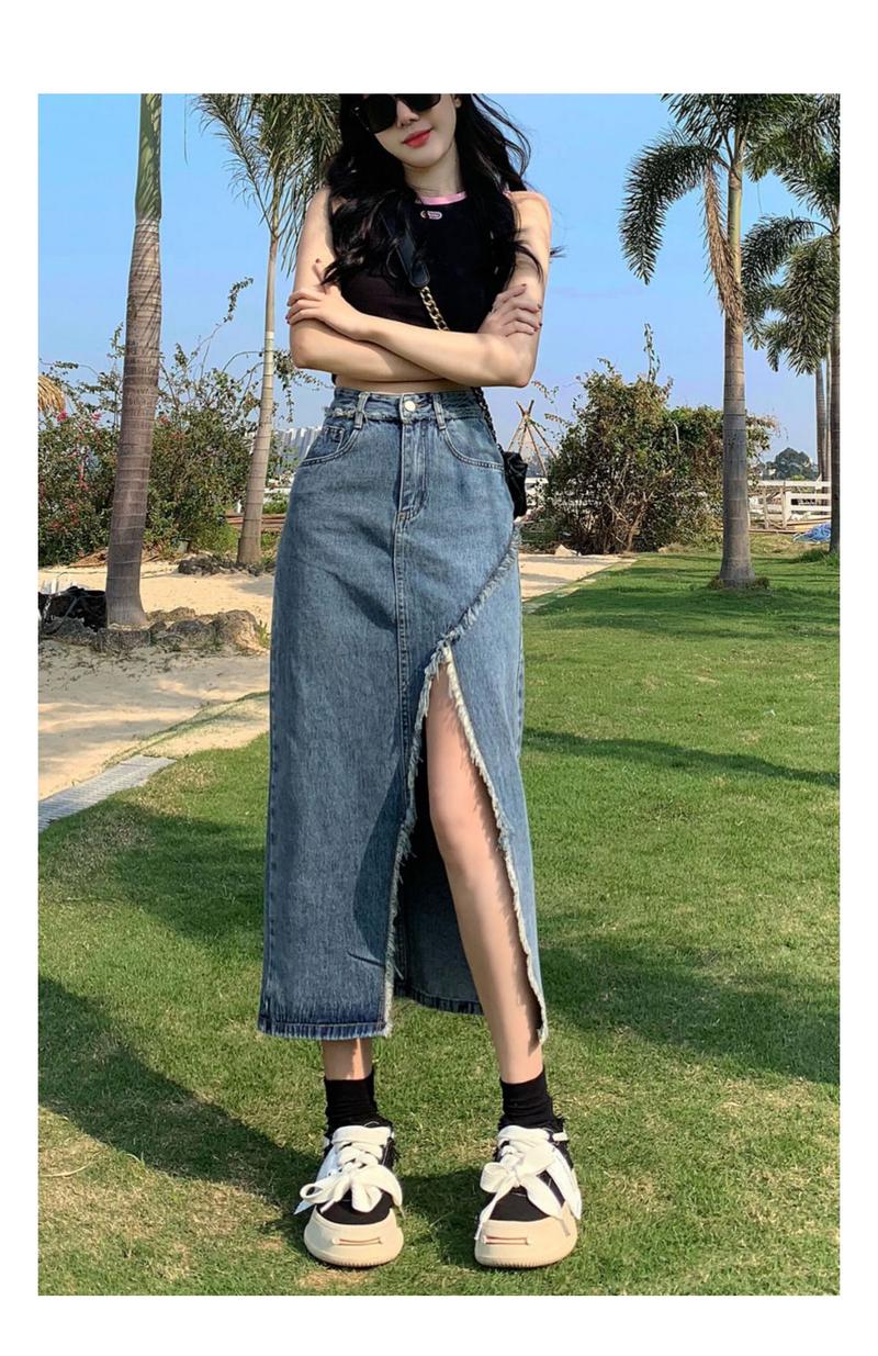 Product Introduction of Tassel denim mid-length spring and autumn 2023 new style raw edge high waist slimming fashionable all-match trendy long skirt 8