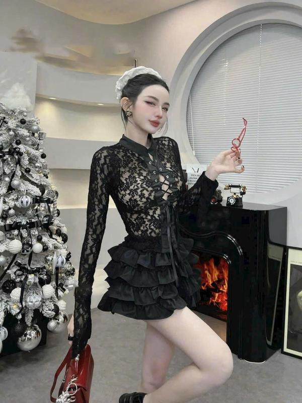 Sét Áo Ren 2 Lớp Tay Dài Phối Chân Váy Lụa Xếp Tầng Có Quần Trong Nữ Tính Dịu Dàng Thanh Lịch Sang Trọng Dễ Thương  - Free Size - Women, Top Màu ĐEN- ĐỎ 3
