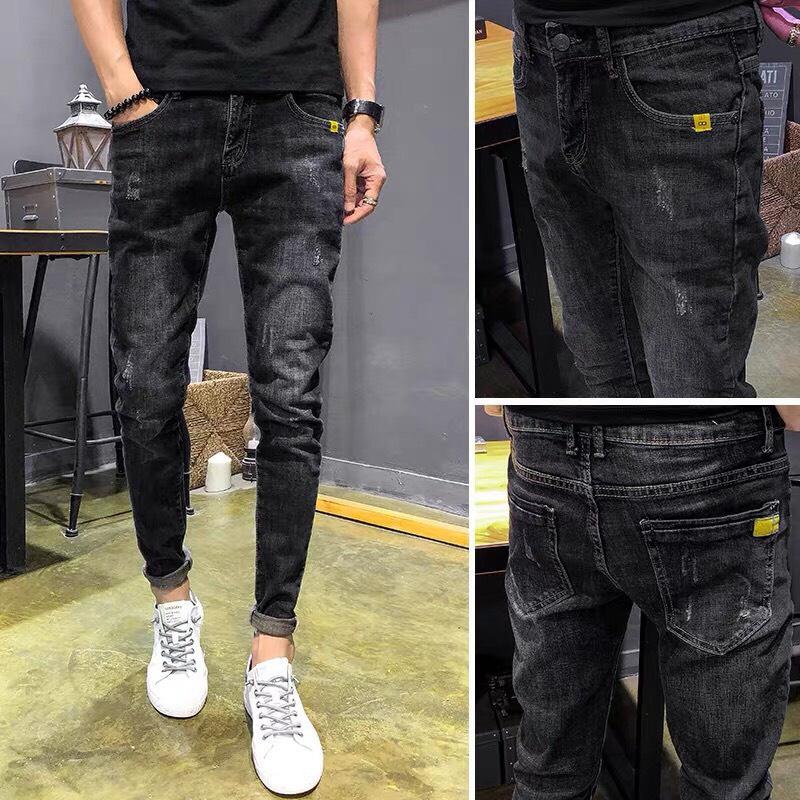Quần jean nam màu đen than thêu hoạ tiết túi jean thun co giãn Menswear Có Túi