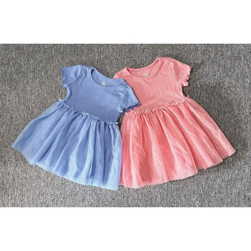 Đầm thun cotton gân tay ngắn xuất dư xịn 12m-5t 0