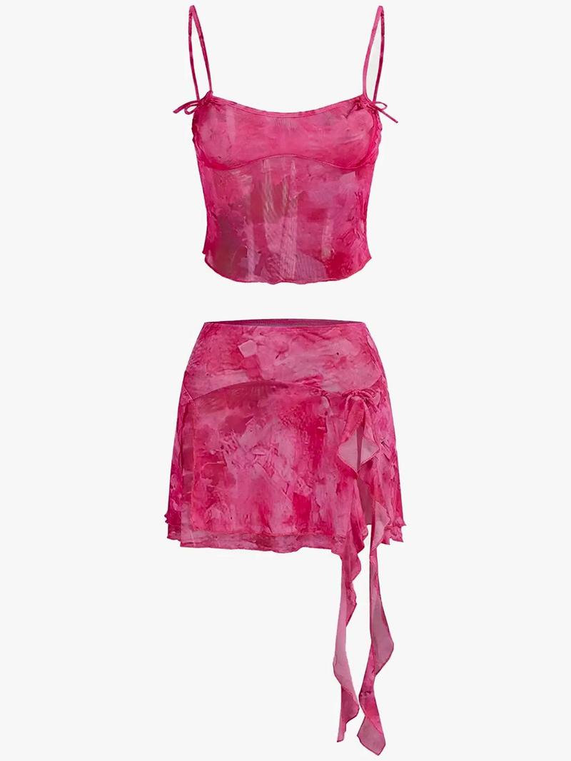 Product Introduction of Women's Tie Dye Print Bow Decor Crop Cami Top & Split Hem Tiered Layer Skirt Two-piece Set, Sexy Spaghetti Strap Crop Top & Ruffle Trim Skirt, Ladies Summer Clothes for Holiday Vacation Valentine's Day, gift 4
