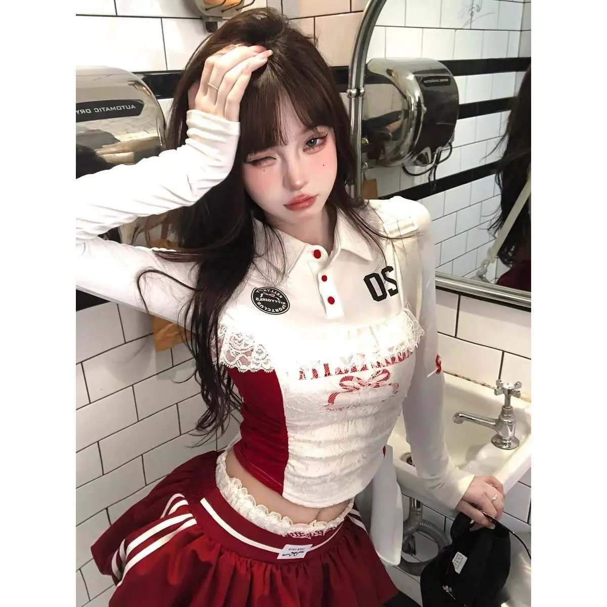 2024 Light Luxury Pure Desire Ballet American Sweet and Spicy Lace T-shirt Women's Early Autumn Skinny Slimming Polo Shirt Midriff-Baring Top Young