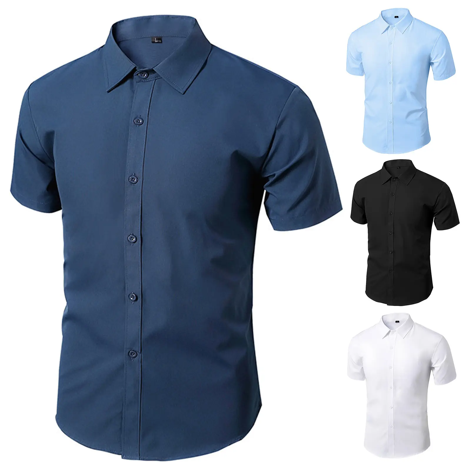 Men Shirt Pure Color Turn-down Collar Formal Slim Fit Summer Top for Work