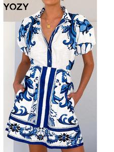 YOZY Women's Ethnic Pattern Print Puff Sleeve Shirt & Skirt Two-piece Set, Boho Casual Short Sleeve Top & Skirt for Beach Vacation Holiday, Ladies Summer Clothes, Womenswear